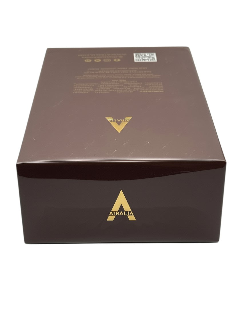 Paradime Enterprise LLC ATRALIA Elixir perfume box in deep brown with gold logo and text on a white background