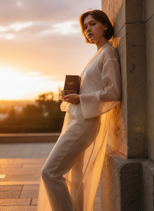 Paradime Enterprise LLC ATRALIA Elixir perfume bottle held by a woman in a white sheer robe at sunset.