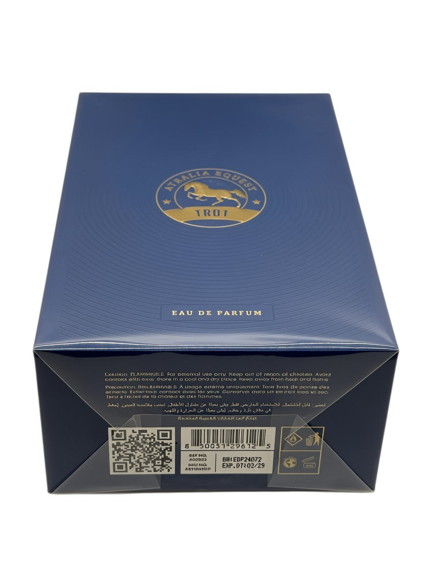 Paradime Enterprise LLC Atralia Equest Trot Eau de Parfum 3.4 oz blue box with gold horse emblem