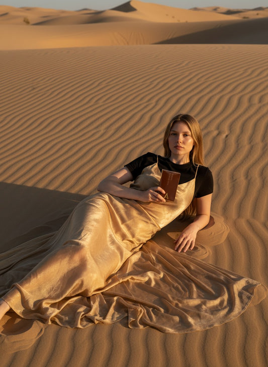Paradime Enterprise LLC Atralia Imperiale Unus perfume bottle held by a woman in a gold dress on desert sand dunes