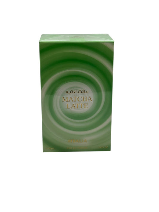 Paradime Enterprise LLC Atralia Matcha Latte eau de parfum bottle with a green and white swirling design.