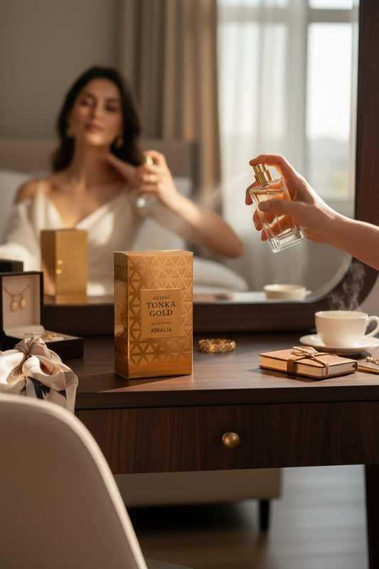 Paradime Enterprise LLC Atralia Tonka Gold perfume bottle and box on a vanity with a woman applying fragrance