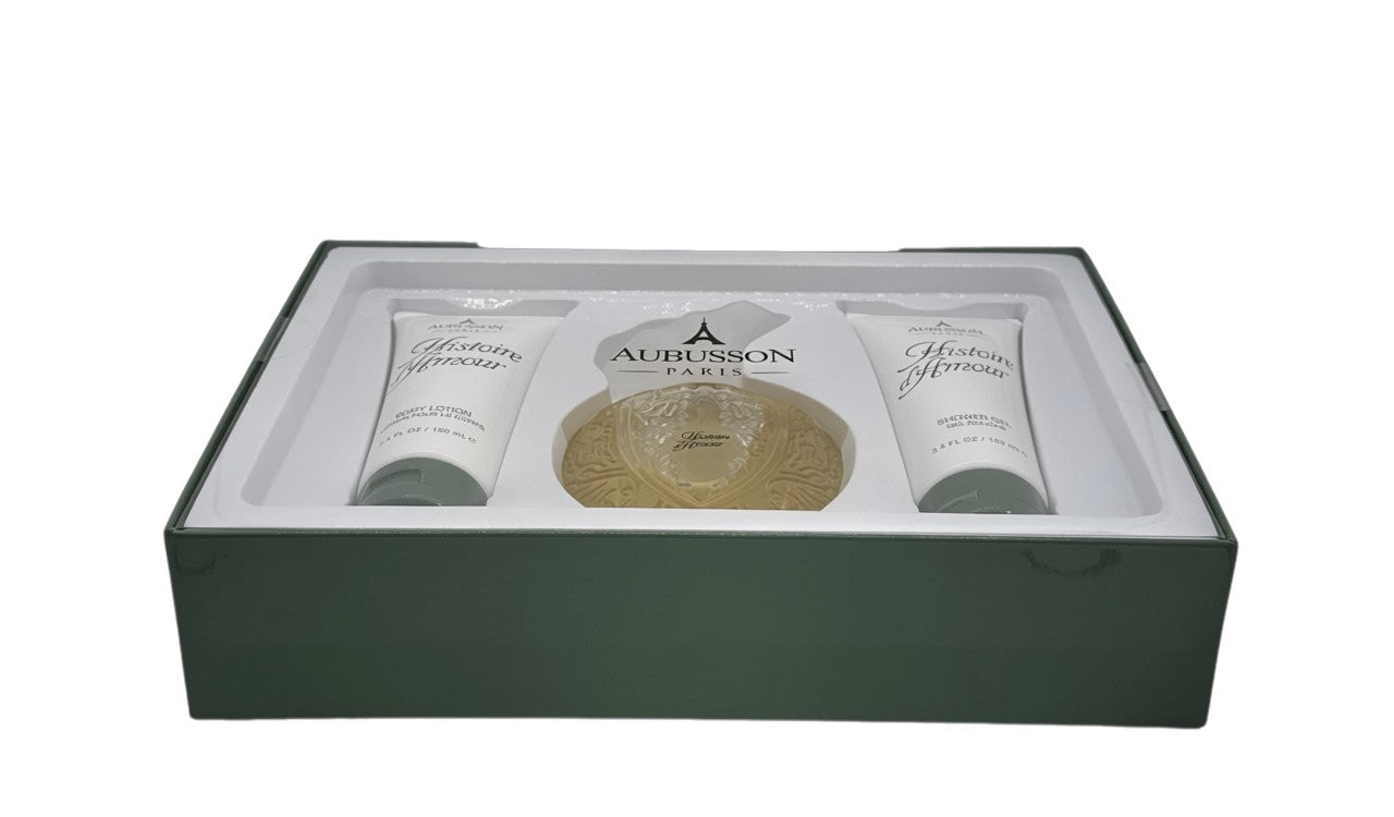 Paradime Enterprise LLC Aubusson Histoire D'Amour gift set featuring perfume, body lotion, and shower gel in a box.