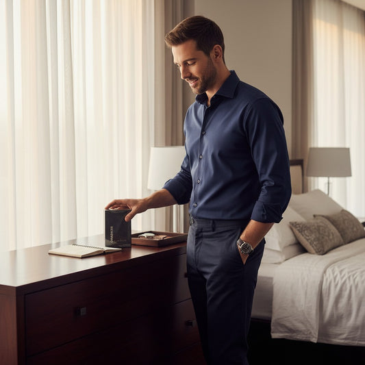 Paradime Enterprise LLC Charmer by English Laundry fragrance bottle on a dresser next to a man in a blue shirt