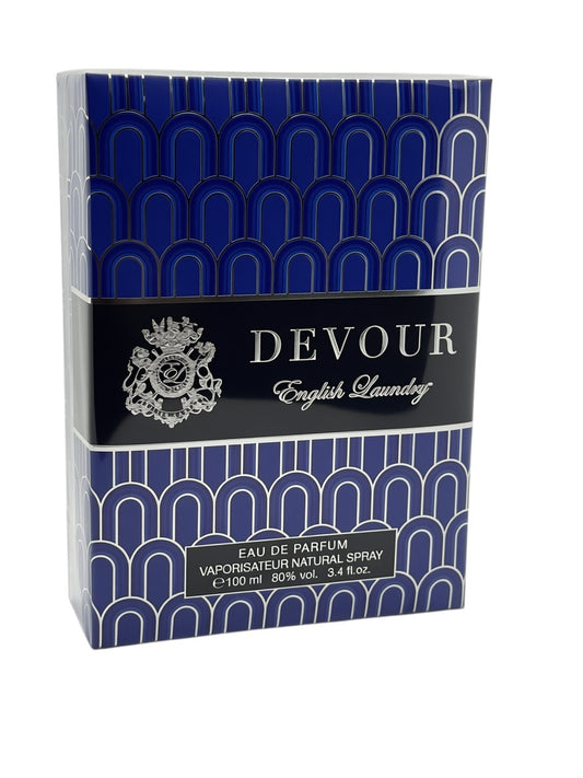Paradime Enterprise LLC English Laundry Devour Eau de Parfum 3.4 oz box with blue and silver geometric pattern