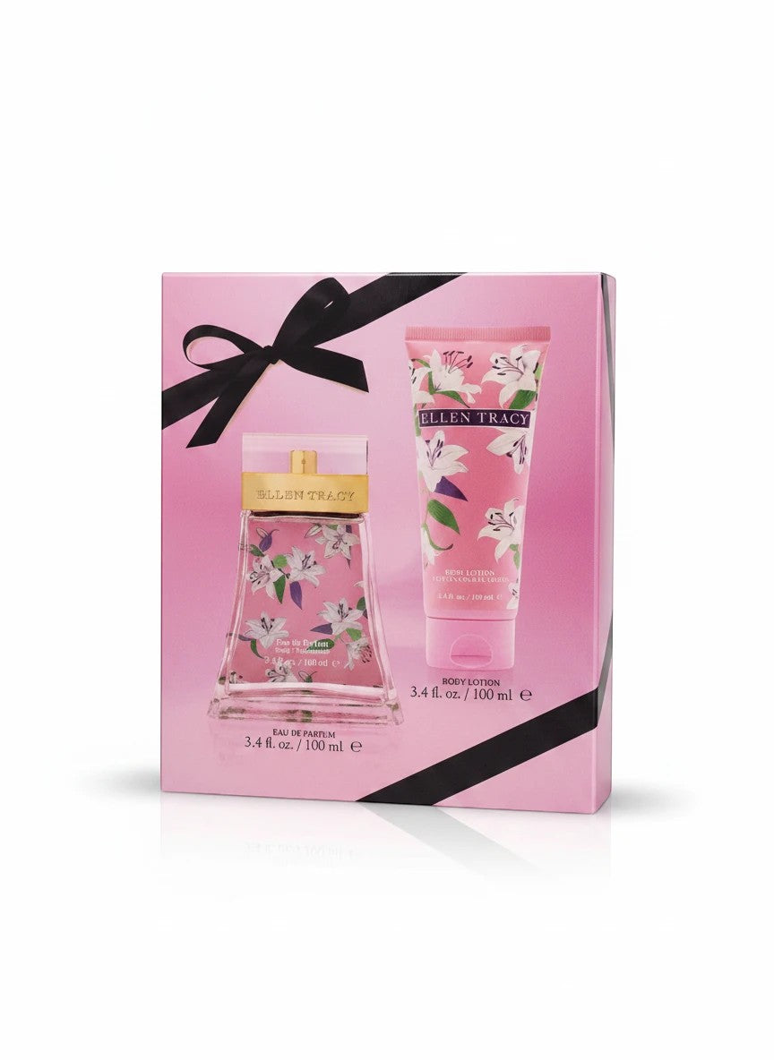 Paradime Enterprise LLC Ellen Tracy Pink Sparkling gift set featuring a floral perfume bottle and matching body lotion.