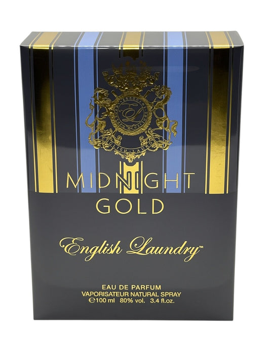 Paradime Enterprise LLC English Laundry Midnight Gold Eau de Parfum box with gold crest and blue striped accents.