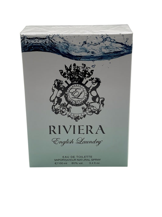 Paradime Enterprise LLC English Laundry Riviera Eau de Toilette 3.4 oz fragrance box with crest and water design.