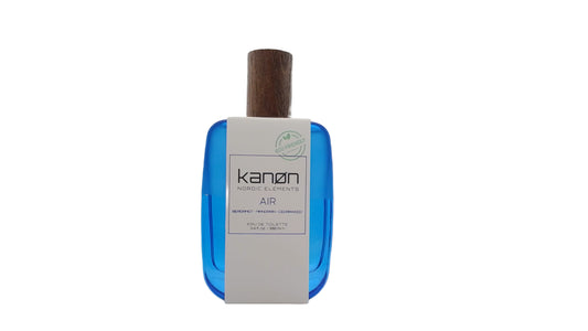 Paradime Enterprise LLC Kanon Elements Air Eau de Toilette in a blue glass bottle with a wooden cap.
