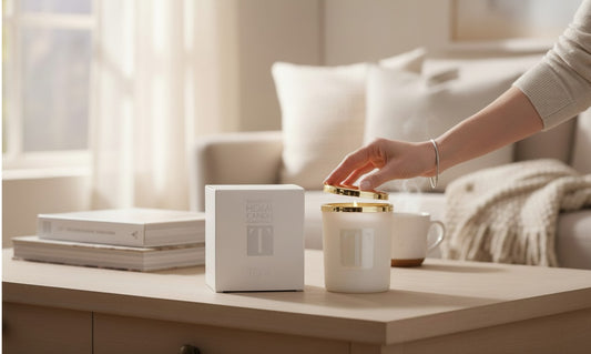 Paradime Enterprise LLC TOVA Beverly Hills signature candle in a white vessel with gold rim on a wooden table