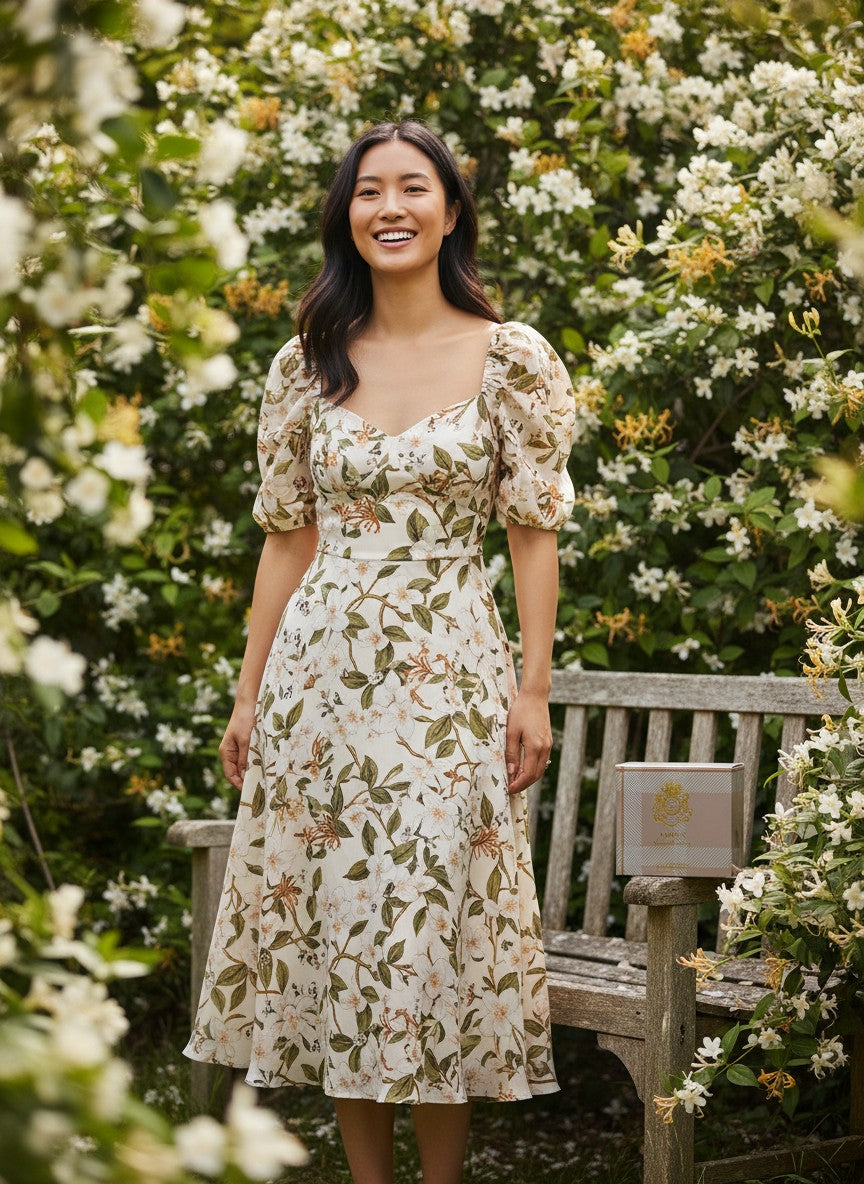 Paradime Enterprise LLC Abbey perfume bottle on a wooden bench next to a woman in a floral dress in a garden