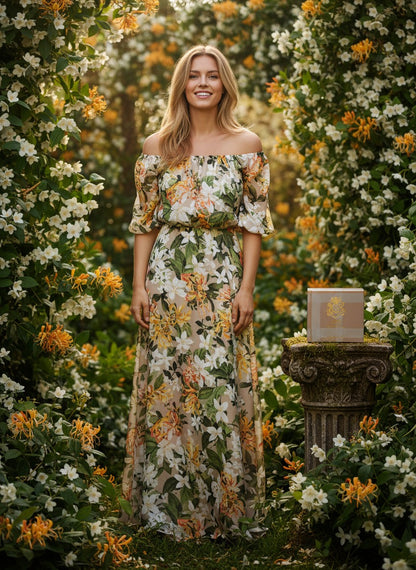 Paradime Enterprise LLC Abbey perfume bottle on a stone pedestal in a garden with a woman in a floral dress