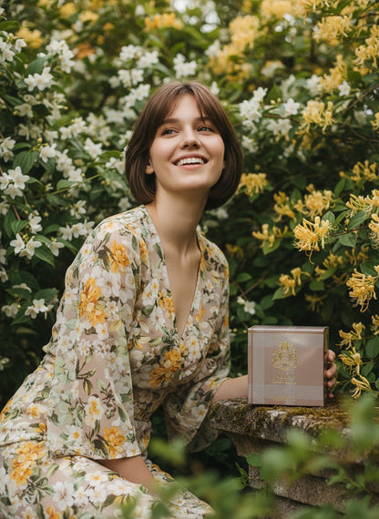 A smiling woman in a floral dress holding a Paradime Enterprise LLC Abbey perfume box amidst blooming jasmine flowers.