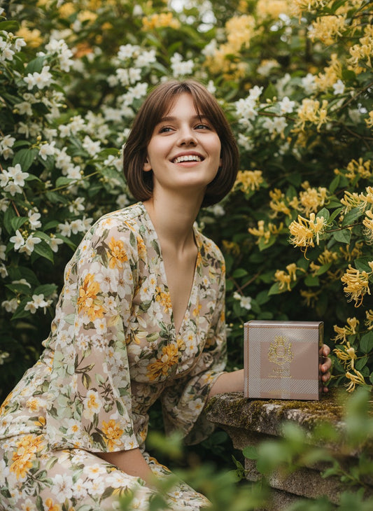 A smiling woman in a floral dress holding a Paradime Enterprise LLC Abbey perfume box amidst blooming jasmine flowers.