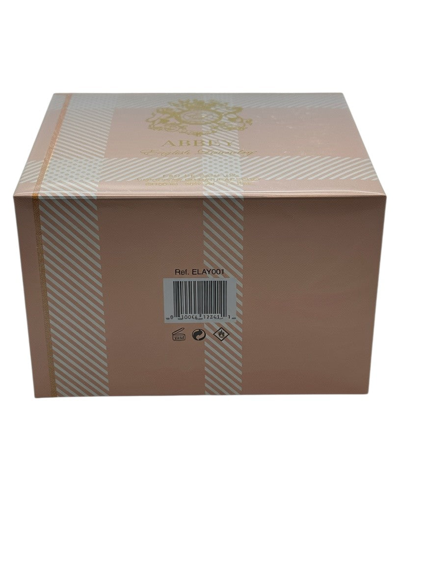 Paradime Enterprise LLC Abbey by English Laundry perfume box featuring a soft pink and white plaid pattern