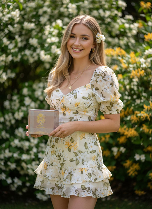 Paradime Enterprise LLC Abbey perfume box held by a smiling woman in a floral dress in a lush garden setting.