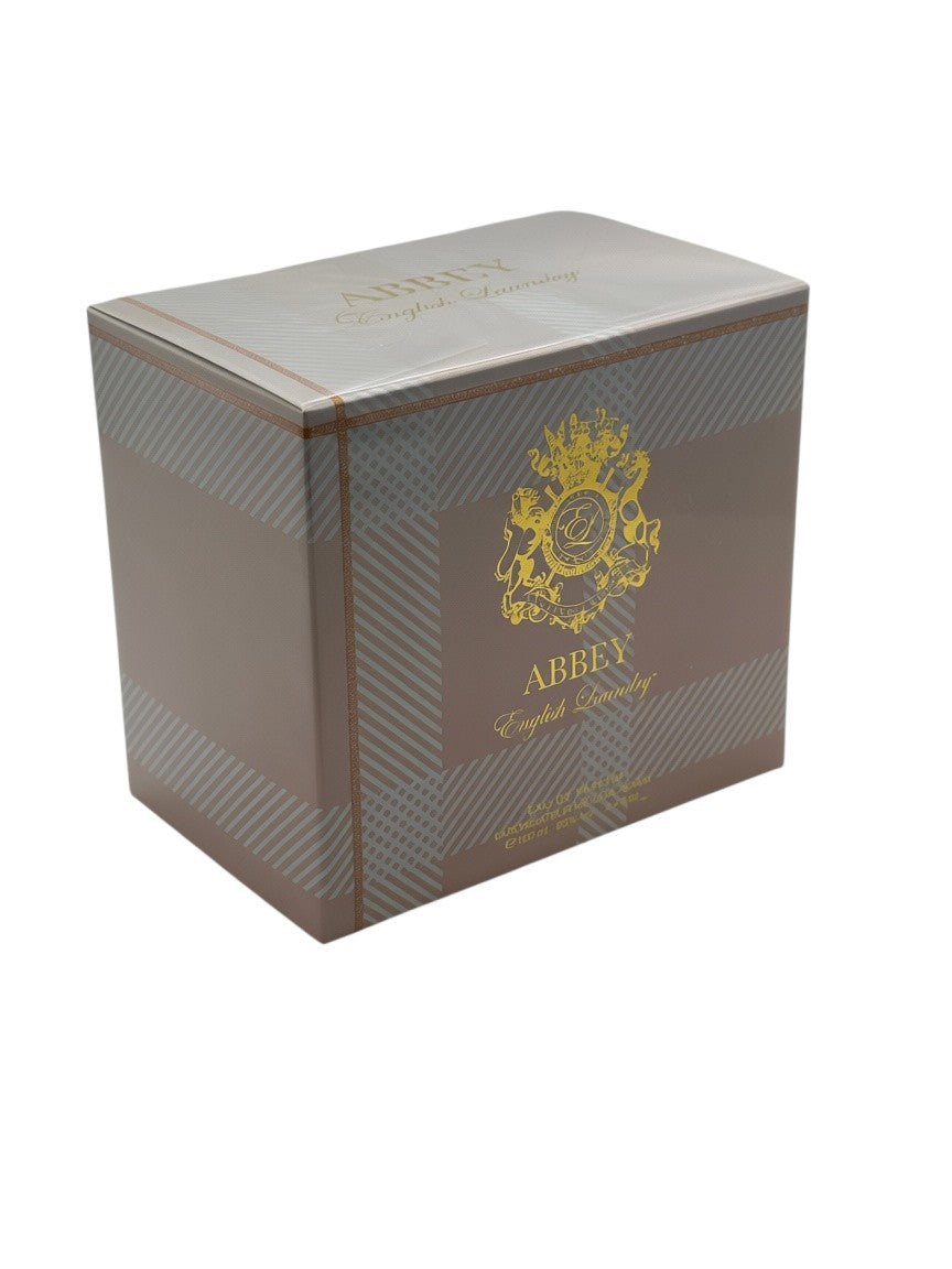 Paradime Enterprise LLC Abbey by English Laundry perfume box with gold crest logo and grey plaid pattern