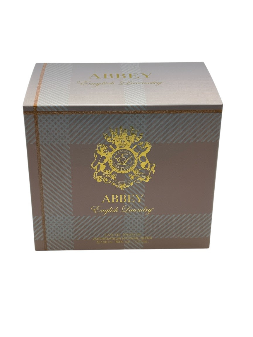 Paradime Enterprise LLC Abbey by English Laundry perfume box with gold crest and grey plaid pattern.