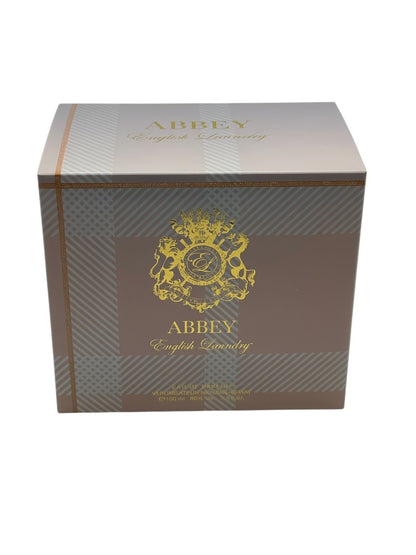Paradime Enterprise LLC Abbey by English Laundry perfume box with gold crest and grey plaid pattern.