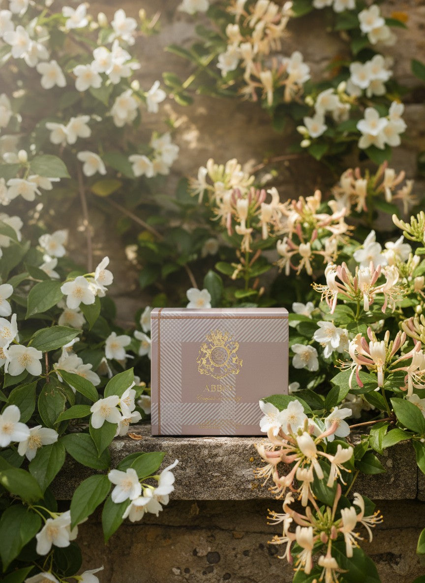 Paradime Enterprise LLC Abbey by English Laundry perfume box nestled among blooming white jasmine and honeysuckle flowers