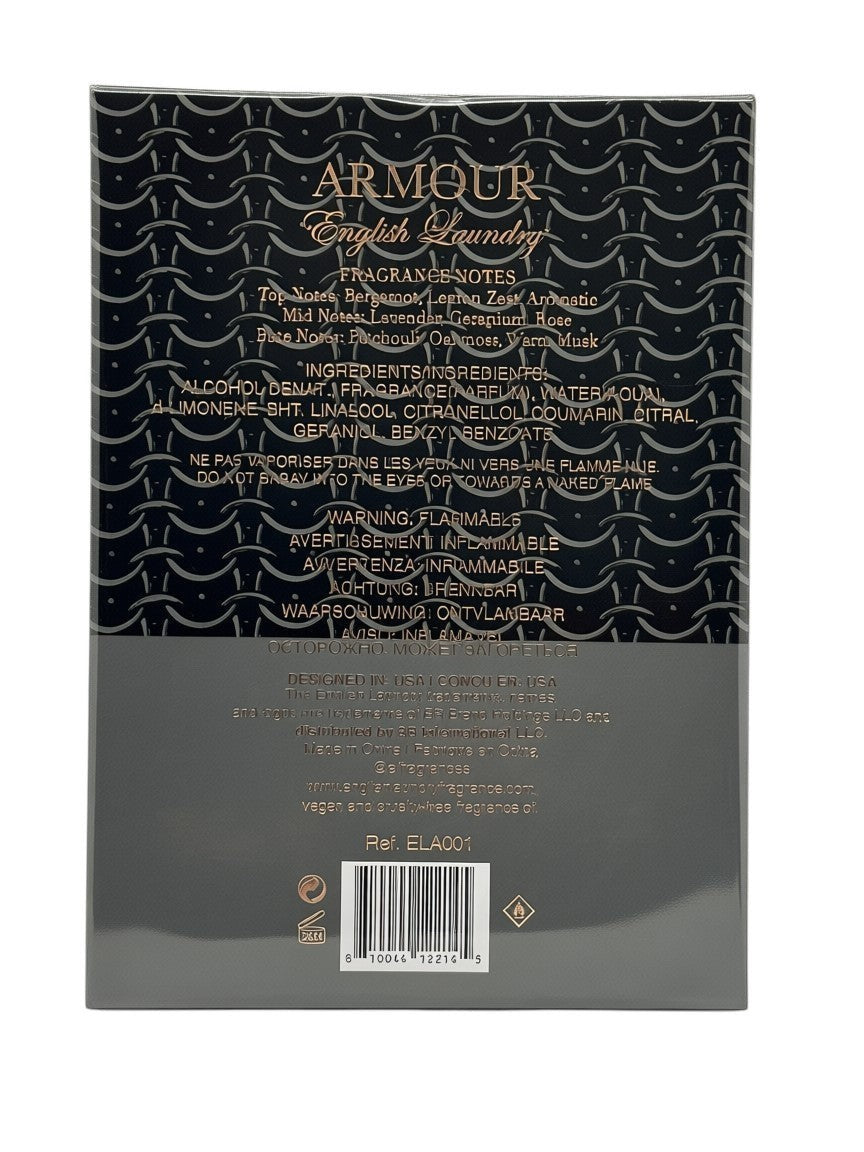 Paradime Enterprise LLC Armour by English Laundry fragrance box back view with ingredients and notes list