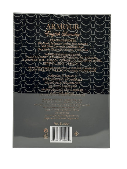 Paradime Enterprise LLC Armour by English Laundry fragrance box back view with ingredients and notes list