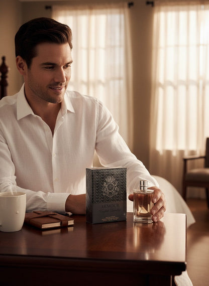Paradime Enterprise LLC Armour by English Laundry men's fragrance bottle and box on a table with a man in a white shirt