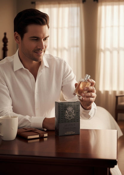 Paradime Enterprise LLC Armour by English Laundry perfume bottle held by a man in a white shirt in a warm room