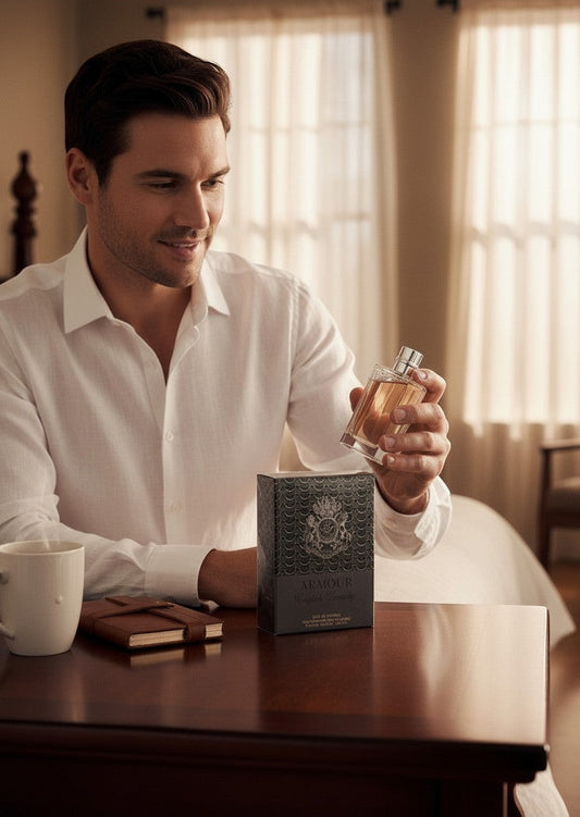 Paradime Enterprise LLC Armour by English Laundry perfume bottle held by a man in a white shirt in a warm room