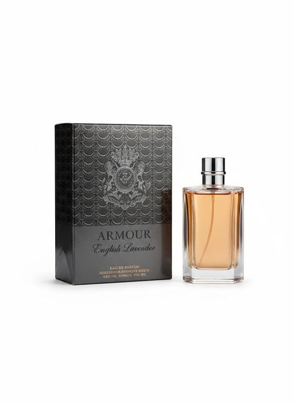 Paradime Enterprise LLC Armour by English Laundry Eau de Parfum spray bottle and decorative box on white background.