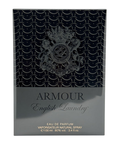 Paradime Enterprise LLC Armour by English Laundry 3.4 oz eau de parfum box with black chainmail pattern and crest.