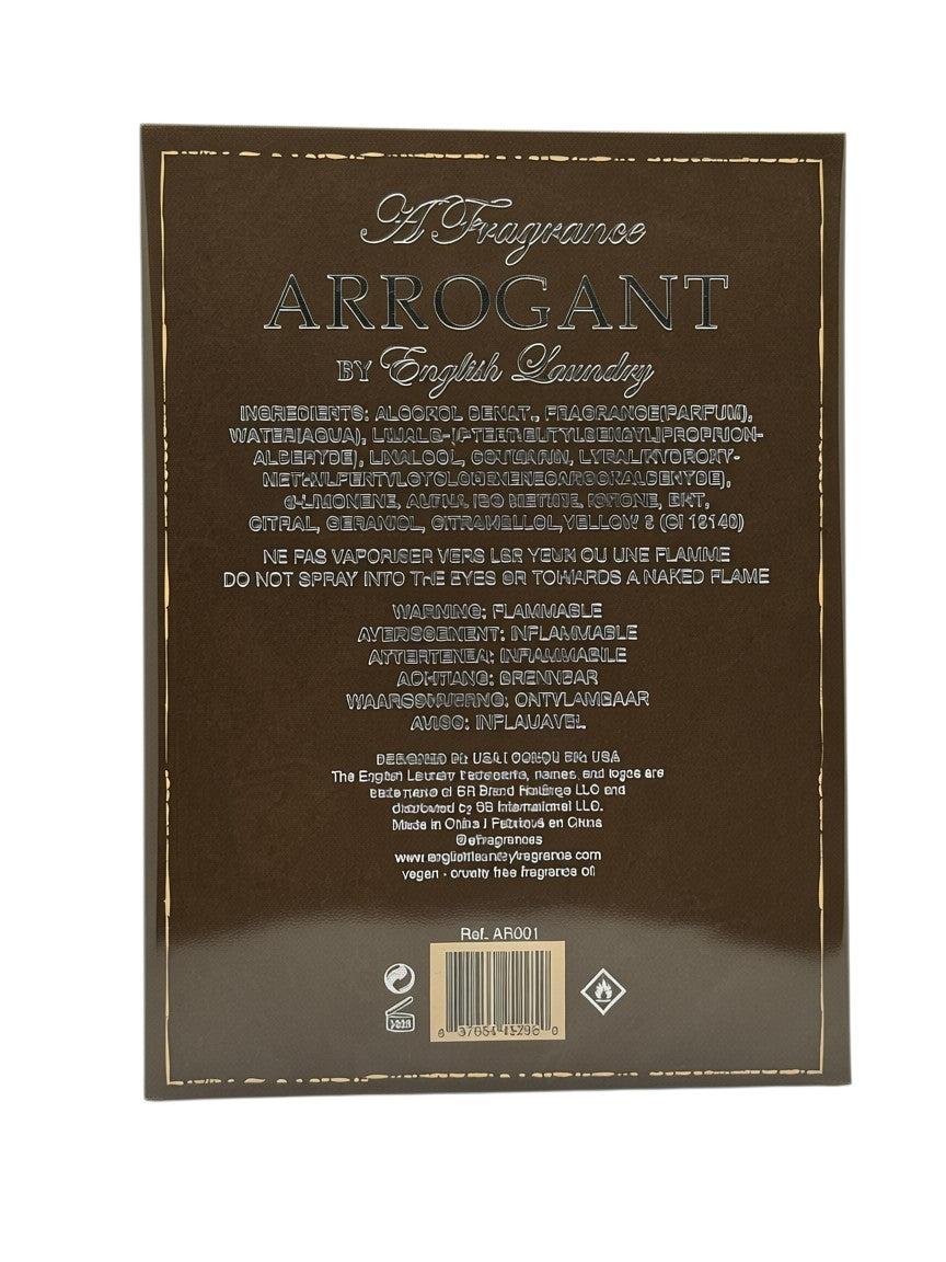 Back of Paradime Enterprise LLC English Laundry Arrogant fragrance box with ingredient list and warning labels.