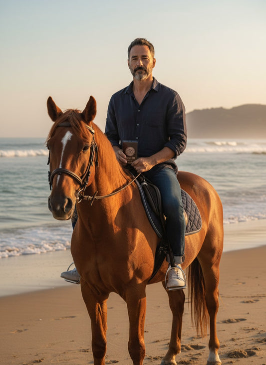Paradime Enterprise LLC Atralia Absolute Noir fragrance held by a man riding a horse on a beach at sunset.