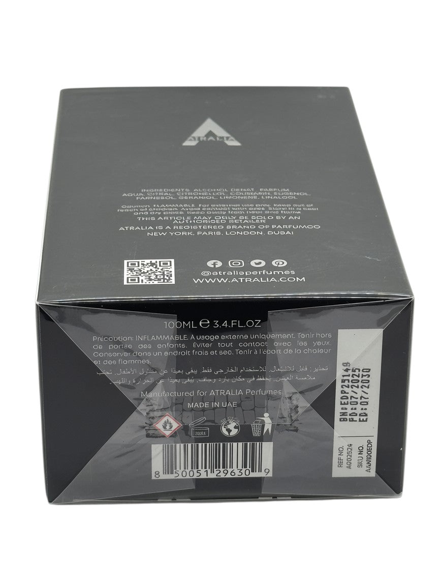 Back of the Paradime Enterprise LLC Atralia Absolute Noir EDP 3.4 oz perfume box with ingredient and safety details.