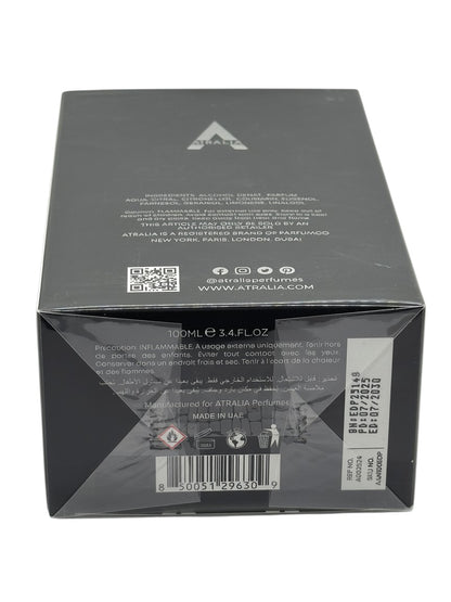 Back of the Paradime Enterprise LLC Atralia Absolute Noir EDP 3.4 oz perfume box with ingredient and safety details.