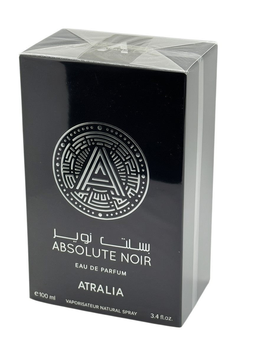 Paradime Enterprise LLC Atralia Absolute Noir Eau de Parfum 3.4 oz bottle in a black box with silver logo detail.
