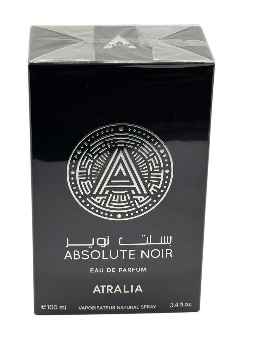 Paradime Enterprise LLC Atralia Absolute Noir 3.4 oz Eau de Parfum in a sleek black box with silver logo detail.