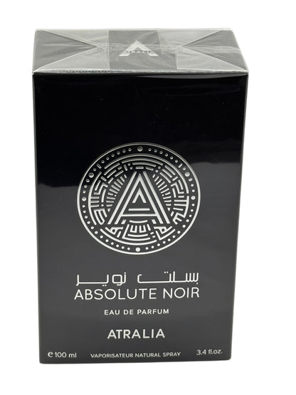 Paradime Enterprise LLC Atralia Absolute Noir 3.4 oz Eau de Parfum in a sleek black box with silver logo detail.