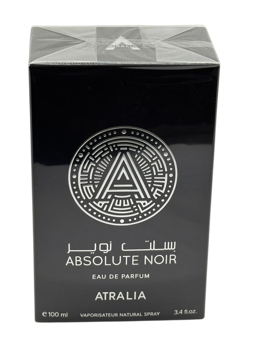 Paradime Enterprise LLC Atralia Absolute Noir 3.4 oz Eau de Parfum in a sleek black box with silver logo detail.