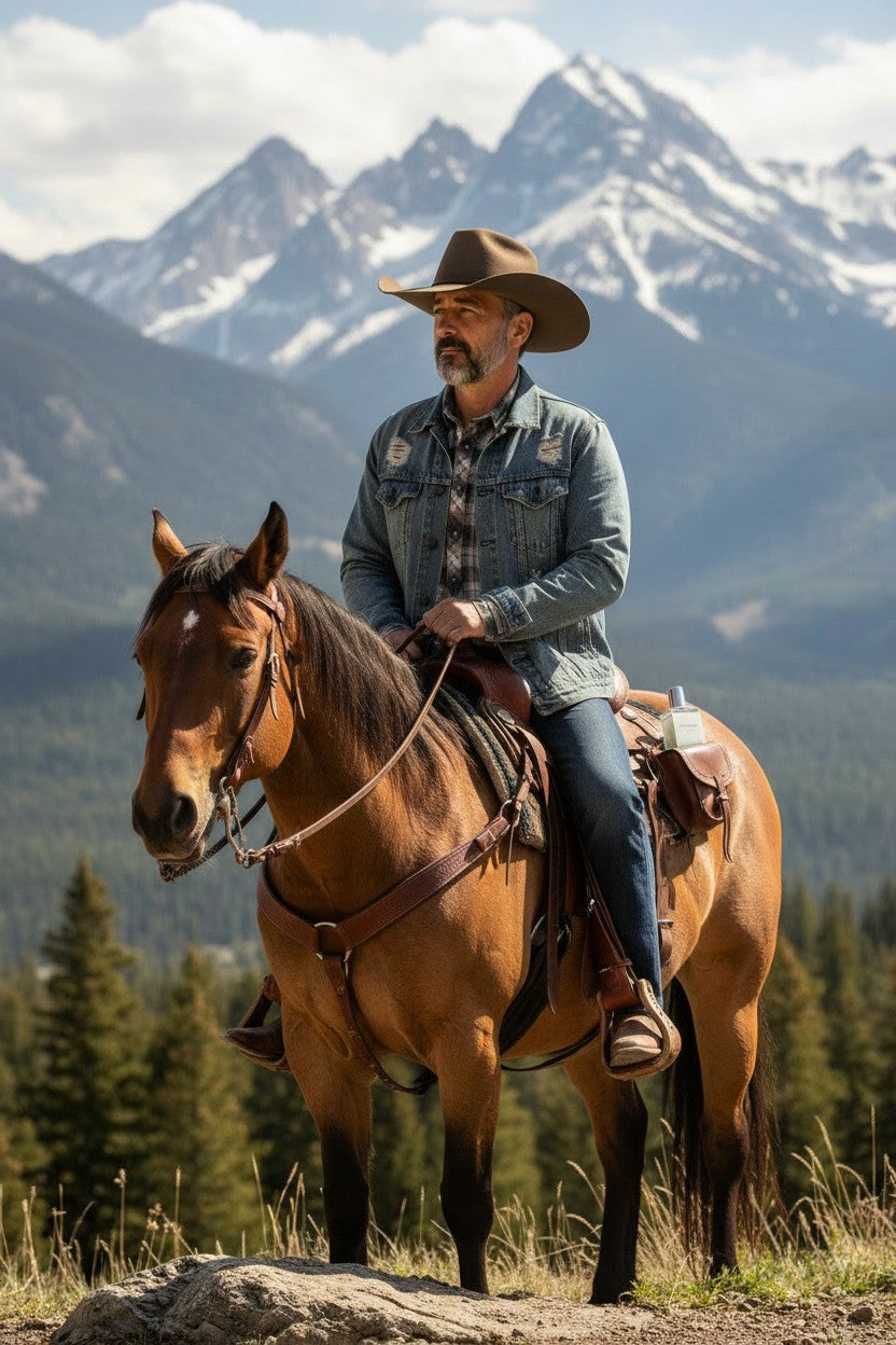 Paradime Enterprise LLC Atralia Amazonas Avalanche perfume bottle resting in a saddlebag on a cowboy riding a horse