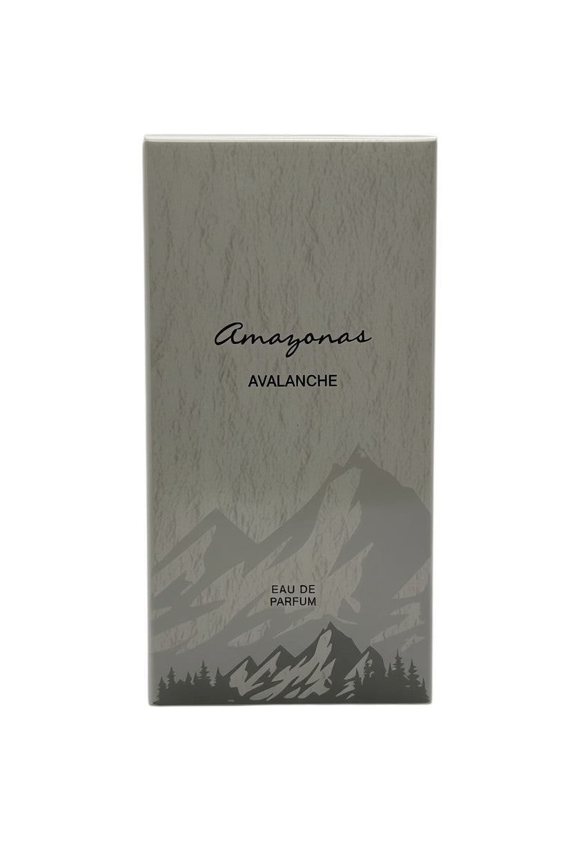 Paradime Enterprise LLC Atralia Amazonas Avalanche Eau de Parfum box with grey mountain and forest graphic design.