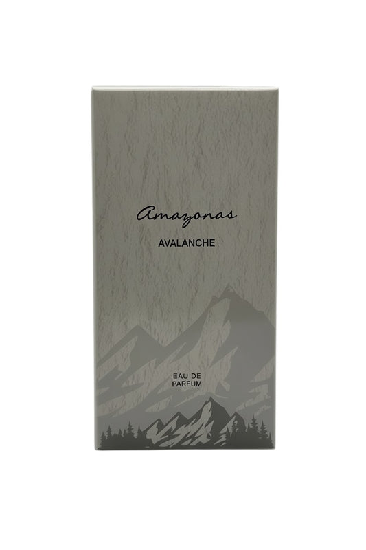 Paradime Enterprise LLC Atralia Amazonas Avalanche Eau de Parfum box with grey mountain and forest graphic design.