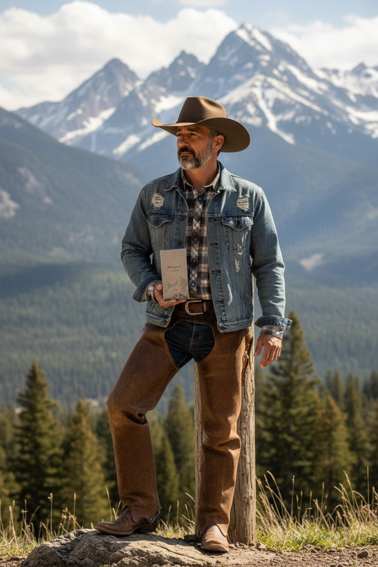 Paradime Enterprise LLC Atralia Amazonas Avalanche perfume bottle held by a cowboy in a mountain landscape