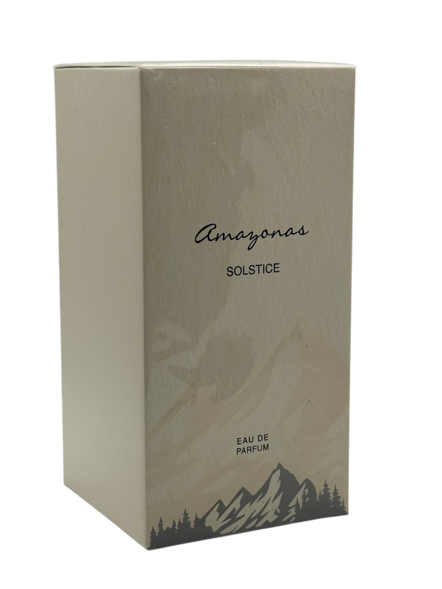 Paradime Enterprise LLC Atralia Amazonas Solstice Eau de Parfum 3.4 oz bottle in a beige box with mountain graphic.