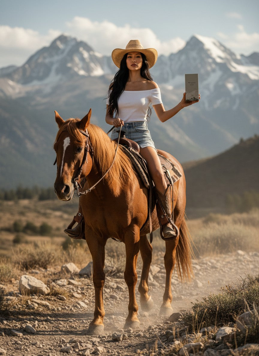 Paradime Enterprise LLC Atralia Amazonas Solstice perfume bottle held by a woman riding a horse in the mountains