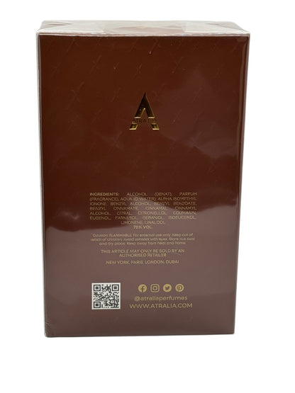 Paradime Enterprise LLC ATRALIA Elixir Eau De Parfum box back view with gold logo and ingredient list