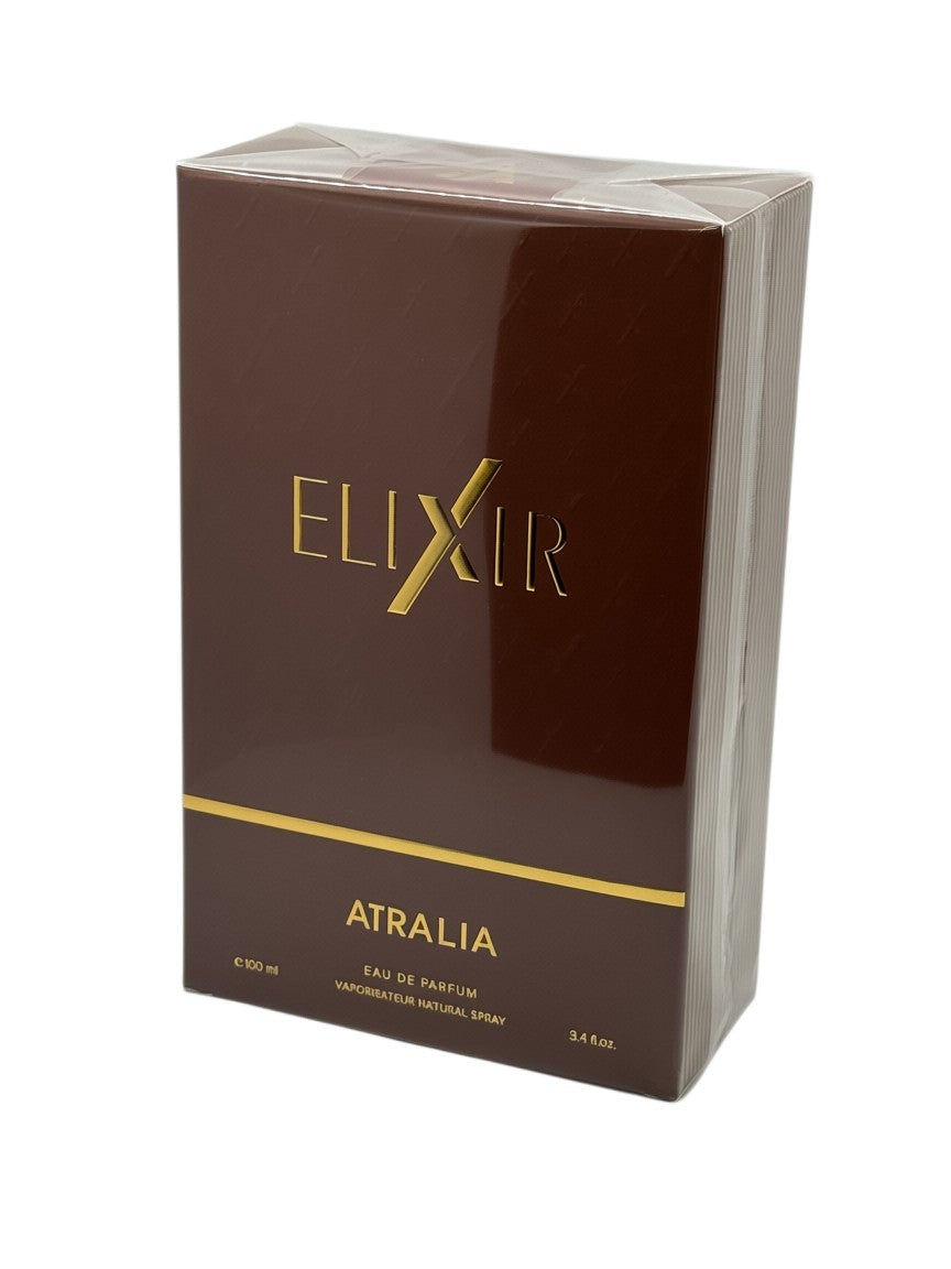 Paradime Enterprise LLC ATRALIA Elixir Eau De Parfum 100ml fragrance box in deep brown with gold lettering