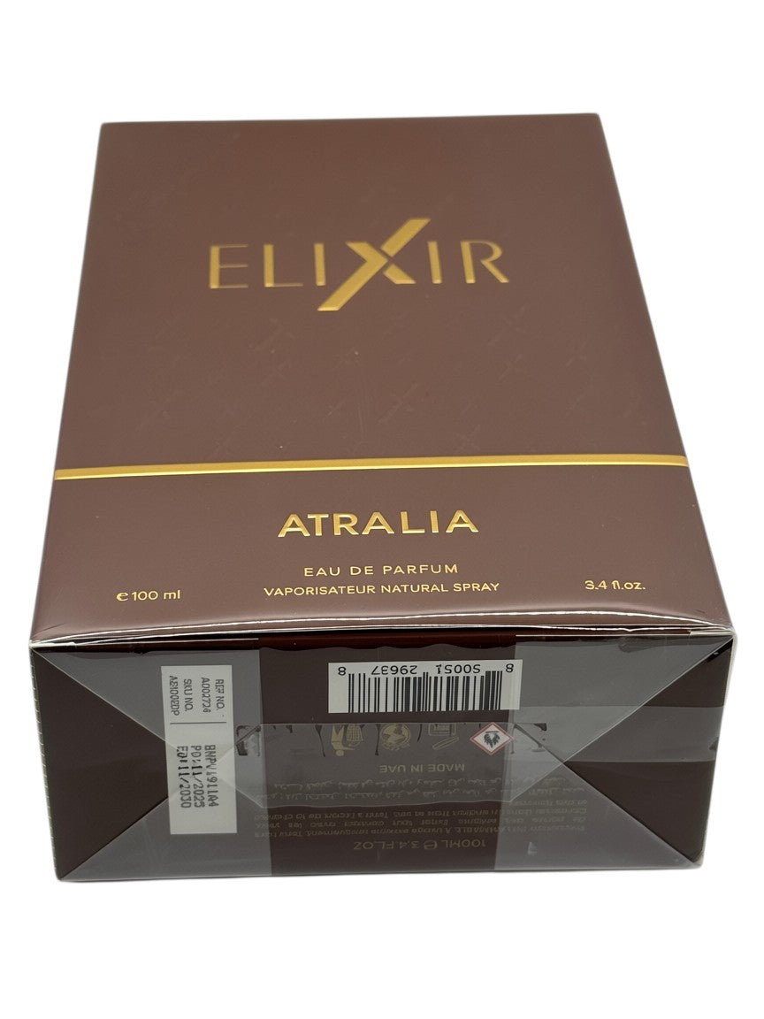 Paradime Enterprise LLC ATRALIA Elixir Eau De Parfum 100ml fragrance box in brown with gold lettering
