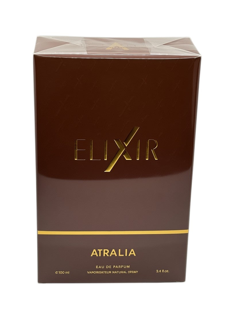 Paradime Enterprise LLC ATRALIA Elixir Eau De Parfum 100ml fragrance box in deep brown with gold lettering
