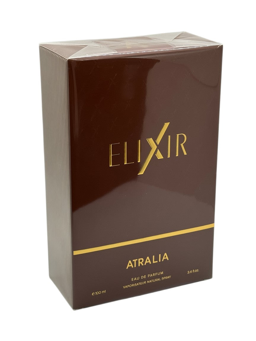 Paradime Enterprise LLC ATRALIA Elixir Eau De Parfum in a deep brown box with elegant gold lettering and accents.